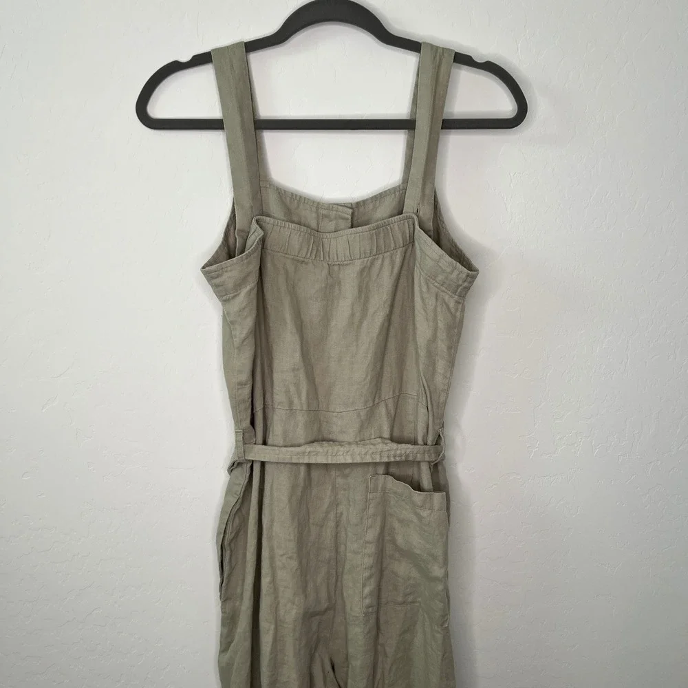 Everlane Linen Jumpsuit Women Size 6 Sage Green Button Front Tie Waist Wide Leg